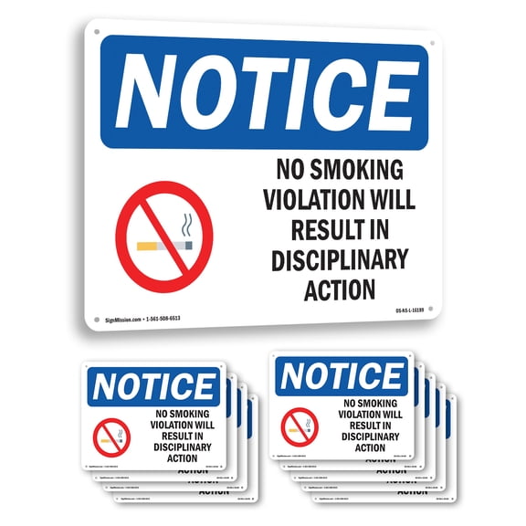 No Smoking Violation Disciplinary Action OSHA Notice Aluminum Sign 10 Inch x 7 Inch - 10 Pack