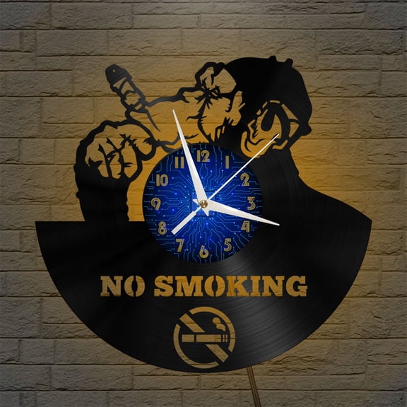 No Smoking Warning 12 Inch Vinyl Record Wall Clock - Silent, Creative, and Unique Clock for Living Room, Entryway, or Bedroom Decor - Perfect Gift Idea(12 inchs B with LED)