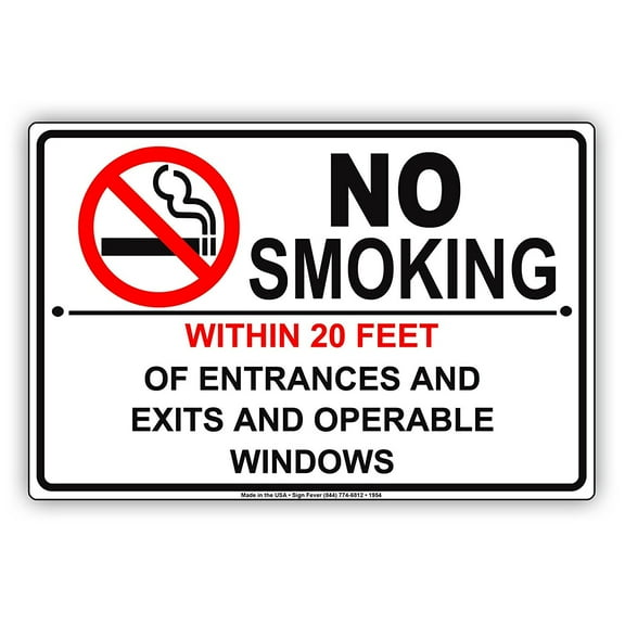 No Smoking Within 20 Feet Of Entrances And Exits And Operable Windows Restriction Caution Warning Notice Aluminum Metal Sign 8"x12" Plate