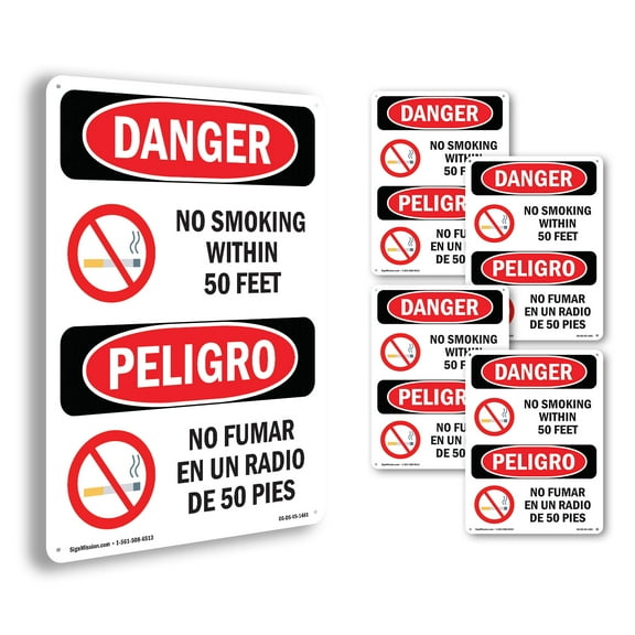 No Smoking Within 50 Feet Bilingual OSHA Danger Aluminum Sign 10 Inch x 7 Inch - 5 Pack