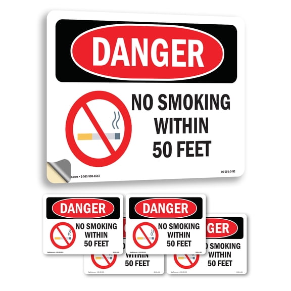 No Smoking Within 50 Feet OSHA Danger Vinyl Decal Label 24 Inch x 18 Inch - 5 Pack