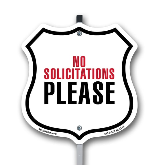 No Solicitations Please 12 inch X 12 inch Shield Shaped Rust-Free Aluminum Metal Sign with Aluminum Mounting Stake Weather Resistant Made in the USA
