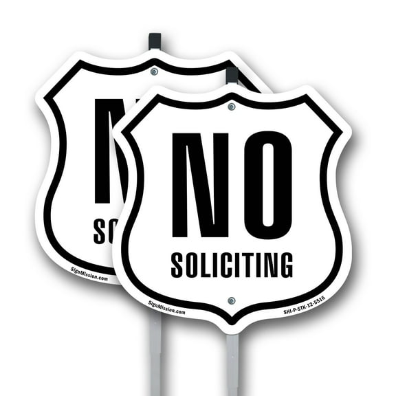 No Soliciting (2 Pack) 12 inch X 12 inch Shield Shaped Commercial Grade Plastic Signs with Aluminum Mounting Stakes Weather Resistant Made in the USA