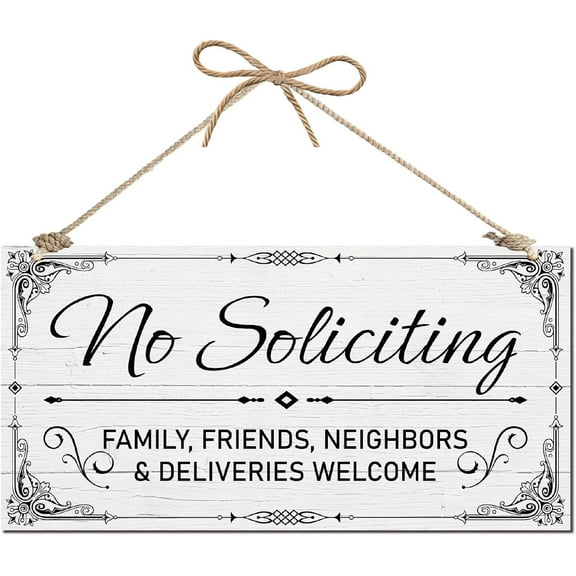 No Soliciting Family Friends Neighbors & Deliveries Welcome Sign Farmhouse Wooden Hanging Sign Wood Plaque with Jute Twine Rustic Wall Art Decor