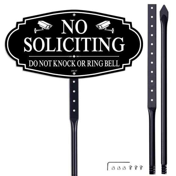 No Soliciting Outdoor Sign with 35" Stake, 14" x 7", Surveillance Camera Design