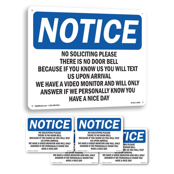No Soliciting Please There Is No Door Bell OSHA Notice Rigid Plastic Sign 10 Inch x 7 Inch - 5 Pack