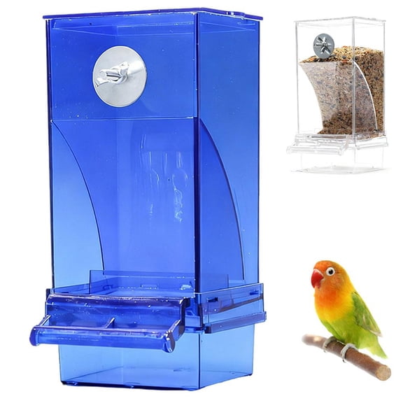 No-Spill Bird Feeder, Blue Parrot Food Container with Anti-Waste Design, Easy Clean Cage Mounted Bird Food Dish for Parakeets, Cockatiels, Canaries (3" x 3.3" x 7.3")