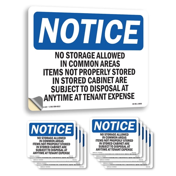 No Storage Allowed In Common Areas Items OSHA Notice Vinyl Decal Label 10 Inch x 7 Inch - 10 Pack