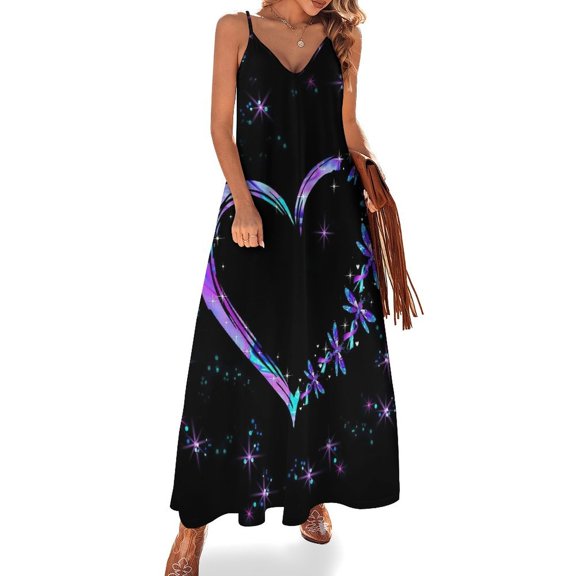 No Story Should End Too Soon Heart Dragonfly Sleeveless Suspender Dress Summer Fashion Casual Long Dress