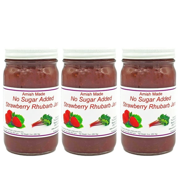 No Sugar Added Strawberry Rhubarb Amish Jam Made by The Amish-Buggy - 8 Oz Set of 3 Jars