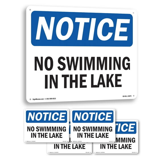 No Swimming In The Lake OSHA Notice Rigid Plastic Sign 10 Inch x 7 Inch - 5 Pack