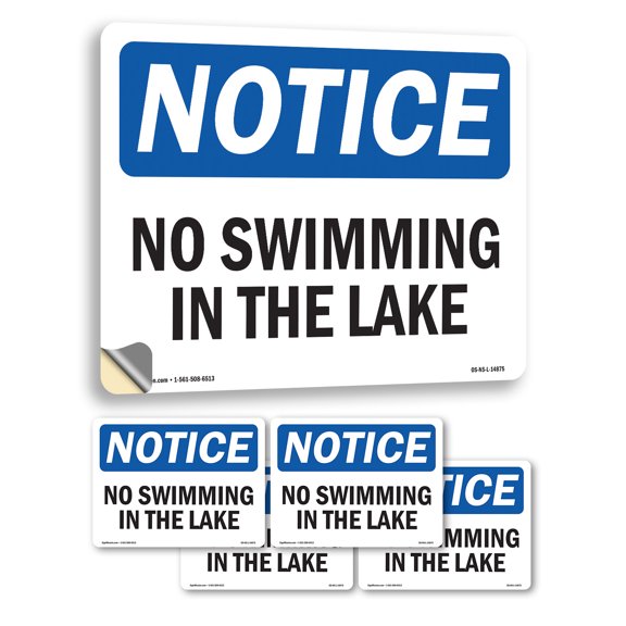 No Swimming In The Lake OSHA Notice Vinyl Decal Label 5 Inch x 3.5 Inch - 5 Pack