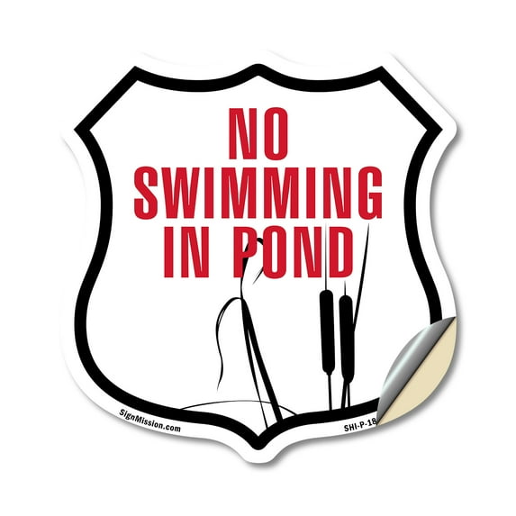 No Swimming In The Pond (5 Pack) 4 inch X 4 inch Shield Shaped Heavy Duty 3.2 mil Vinyl Decals Weather Resistant Made in the USA