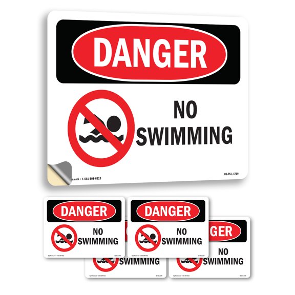 No Swimming OSHA Danger Vinyl Decal Label 18 Inch x 12 Inch - 5 Pack