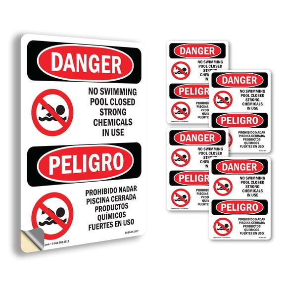 No Swimming Pool Closed Chemicals Bilingual OSHA Danger Vinyl Decal Label 5 Inch x 3.5 Inch - 5 Pack