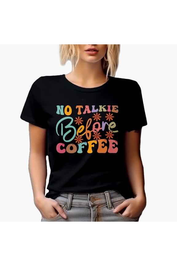 No Talkie Before Coffee, Office Co-Worker Humor Quote, Groovy Retro Wavy Text Merch Gift, Black T-Shirt, Medium