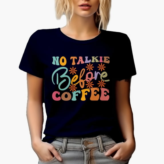 No Talkie Before Coffee, Office Co-Worker Humor Quote, Groovy Retro Wavy Text Merch Gift, Navy Blue T-Shirt, Medium