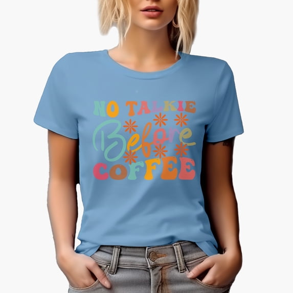 No Talkie Before Coffee, Office Humor Quote, Groovy Retro Wavy Text Merch Gift, Baby Blue T-Shirt, XL