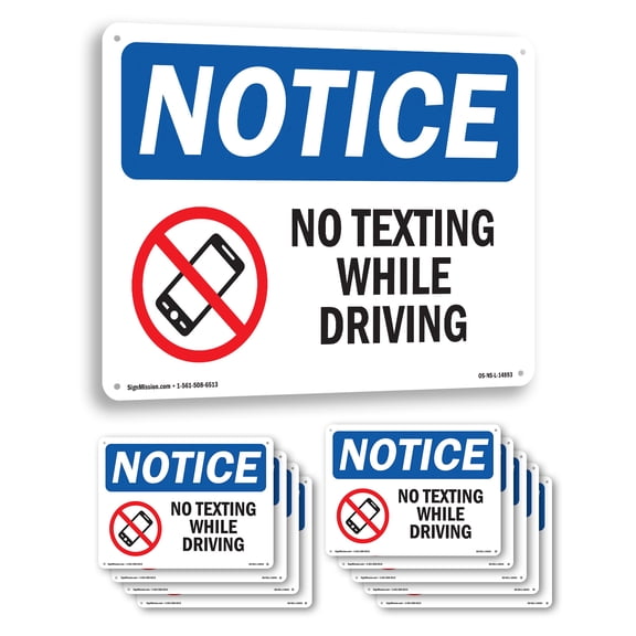 No Texting While Driving OSHA Notice Aluminum Sign 10 Inch x 7 Inch - 10 Pack