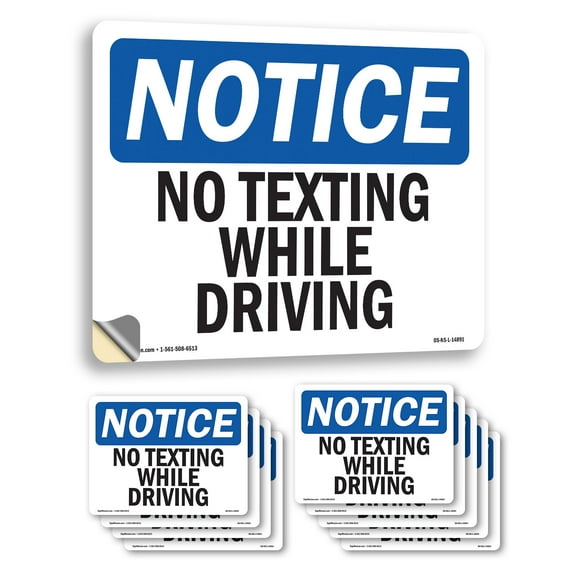 No Texting While Driving OSHA Notice Vinyl Decal Label 7 Inch x 5 Inch - 10 Pack
