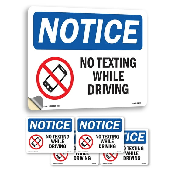 No Texting While Driving With Symbol OSHA Notice Vinyl Decal Label 7 Inch x 5 Inch - 5 Pack