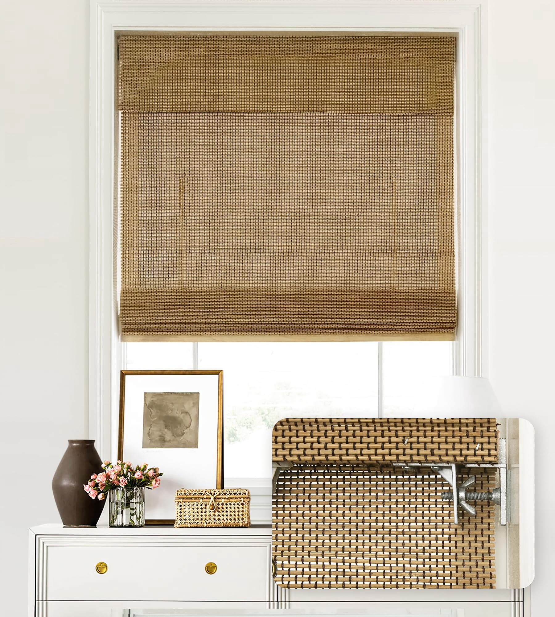 No Tools Drill Cordless Bamboo Roman Shades  Light Filtering Window Treatment Roll Up Blinds For Windows 20'' W X 64'' H Acorn