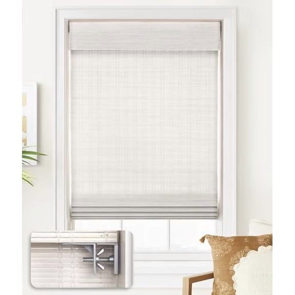 No Tools No Drill Cordless Bamboo Roman Shades, Custom Light Filtering Window Treatment, Roll Up Bamboo Blinds for Windows, Ceylon Vintage White