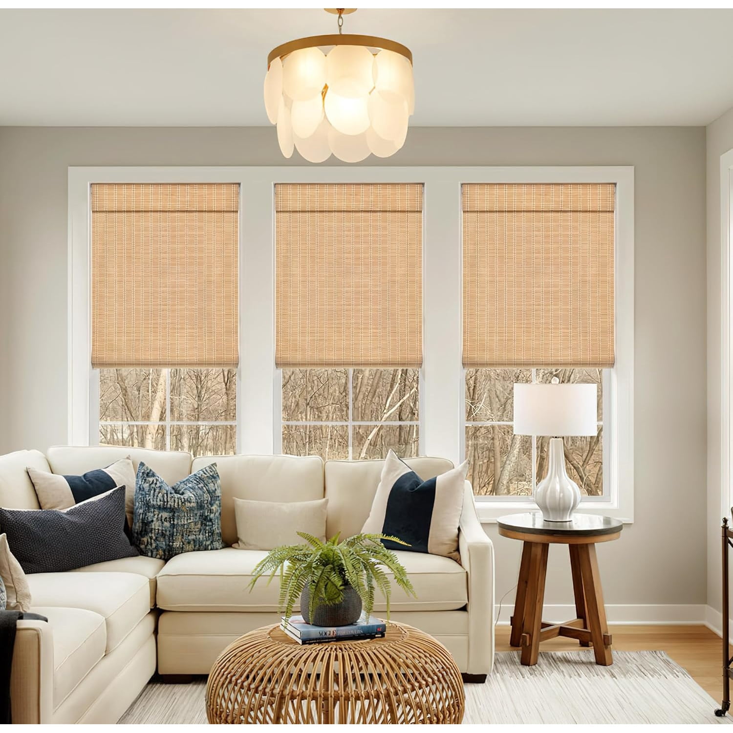No Tools No Drill Cordless Bamboo Roman Shades, Light Filtering Window Treatment, Roll Up Bamboo Blinds for Window 22'' W x 64'' H, Brown