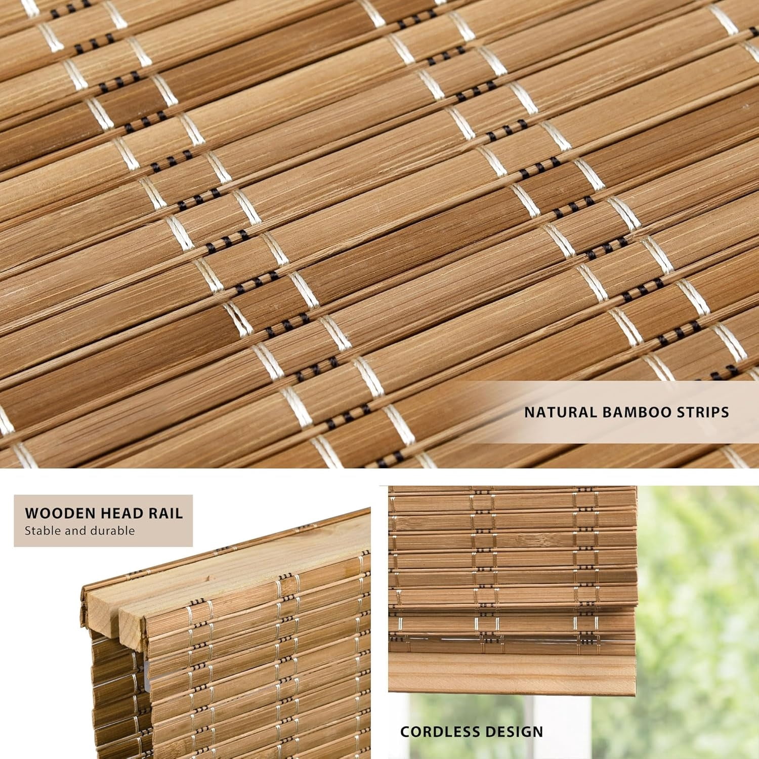 No Tools No Drill Cordless Bamboo Roman Shades, Light Filtering Window Treatment, Roll Up Bamboo Blinds for Window 34'' W x 64'' H, Brown