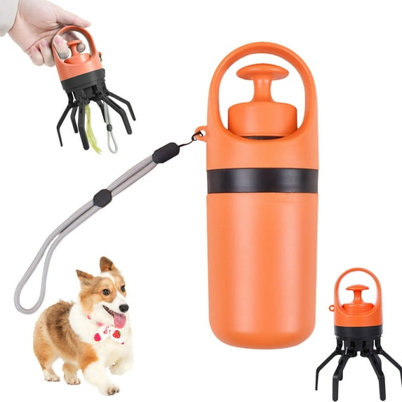No Touch Dog Poop Scooper, Portable Handheld Dog Waste Pick Up Tool with Bag Dispenser, Lightweight Pooper Scooper for Easy Cleanup on Walks, Orange