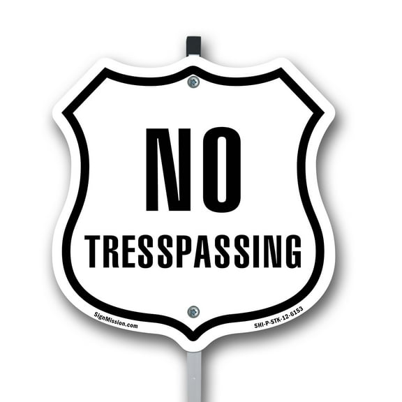 No Trespassing 12 inch X 12 inch Shield Shaped Rust-Free Aluminum Metal Sign with Aluminum Mounting Stake Weather Resistant Made in the USA