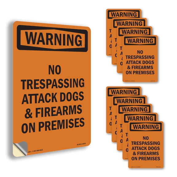 No Trespassing Attack Dogs & Firearms OSHA WARNING Vinyl Decal Label 7 Inch x 5 Inch - 10 Pack