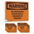 thumbnail image 1 of No Trespassing Attack Dogs & Firearms On Premises OSHA WARNING Vinyl Decal Label 7 Inch x 5 Inch - 10 Pack, 1 of 6