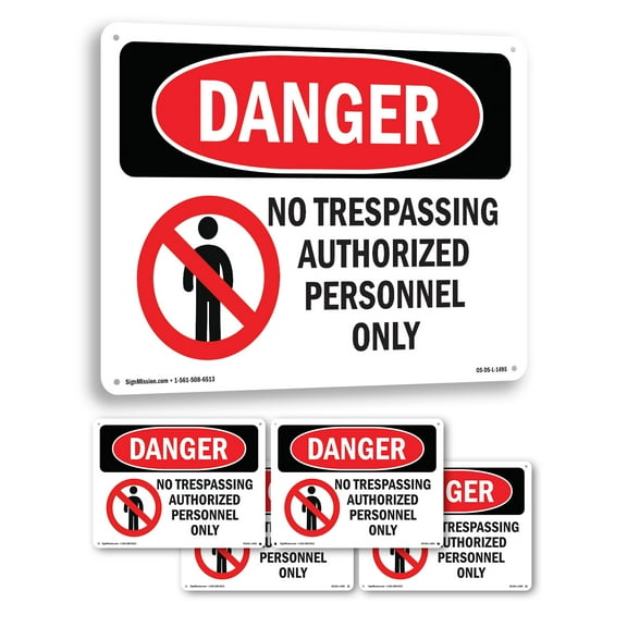 No Trespassing Authorized Personnel Only OSHA Danger Rigid Plastic Sign 14 Inch x 10 Inch - 5 Pack