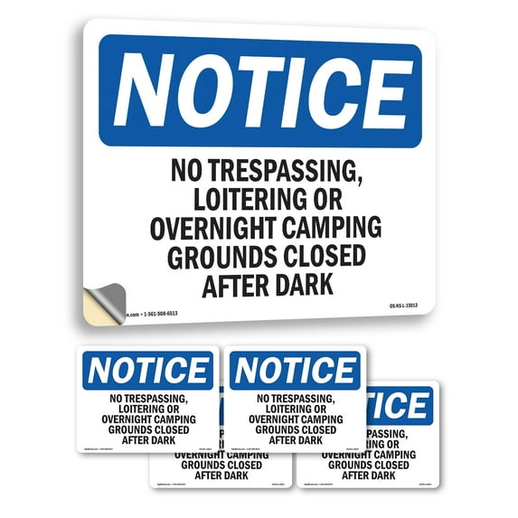 No Trespassing Loitering Or Overnight Camping OSHA Notice Vinyl Decal Label 7 Inch x 5 Inch - 5 Pack