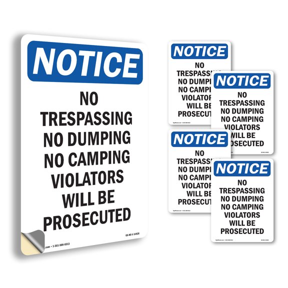 No Trespassing No Dumping No Camping OSHA Notice Vinyl Decal Label 5 Inch x 3.5 Inch - 5 Pack