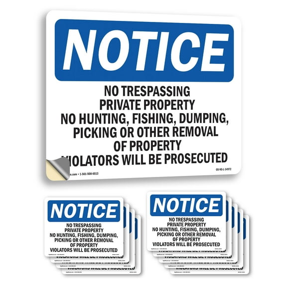 No Trespassing Private Property No Hunting OSHA Notice Vinyl Decal Label 7 Inch x 5 Inch - 10 Pack