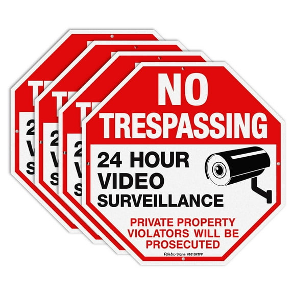 No Trespassing Sign 4-Pack 12 x 12 Inch Reflective Aluminum Private Property Protected By Video Surveillance Violators Will Be Prosecuted Sign
