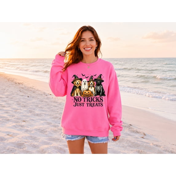 No Tricks Just Treats Sweatshirt, Dog Halloween Crewneck, Cute Witch Dogs Pullover, Funny Dog Lover Fall Sweatshirt
