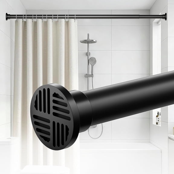 No-Twist Shower Curtain Rod by EZFurni, 4282 Inch Heavy Duty Tension Rod with Lock-In Stability, No Drill, Spring-Loaded Non-Slip Secure Hold for Bathroom, Window, Closet, 1.26" Diameter, Black