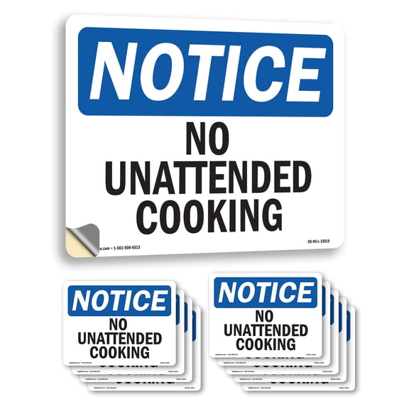 No Unattended Cooking OSHA Notice Vinyl Decal Label 14 Inch x 10 Inch - 10 Pack