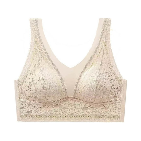 No Underwire Bras For Women Full Coverage Push Up Supportive Lace Patchwork Bralettes Comfy Breathable Everyday Wear (M, Beige)