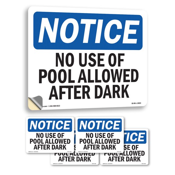 No Use Of Pool Allowed After Dark OSHA Notice Vinyl Decal Label 5 Inch x 3.5 Inch - 5 Pack