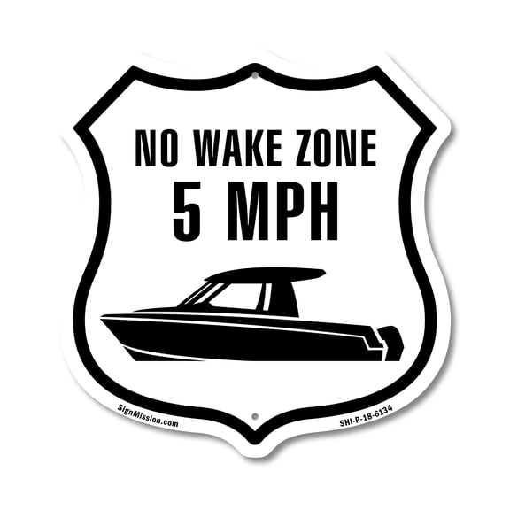 No Wake Zone 5 Mph 12 inch X 12 inch Shield Shaped Commercial Grade Plastic Sign Weather Resistant Made in the USA