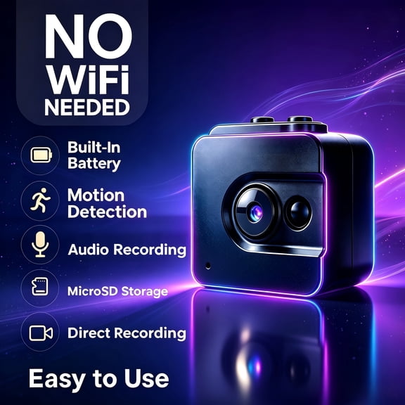 No-WiFi Direct Recording Mini Security Camera, No App Needed, Plug-and-Play, Built-in Battery for Home, Baby, Pet, Office Monitoring