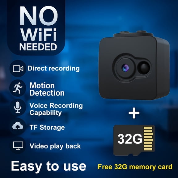 NoWiFi DirectRecording Security Camera, Supports 32GB SD Card, Loop Recording, Rechargeable Battery, PlugandPlay, Compact for Home, Baby, Pet & Office Surveillance, Halloween Gift