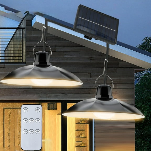 No-Wiring Double-Head Solar Pendant Light (Remote Control) - 400Lum Auto On/Off + Brightness/Timers (IP44 Weatherproof) Patio/Garden Lamp