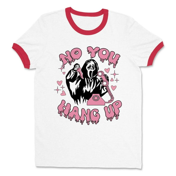 No You Hang up Ghost Ringer Tee Shirt Unisex Large White/Red