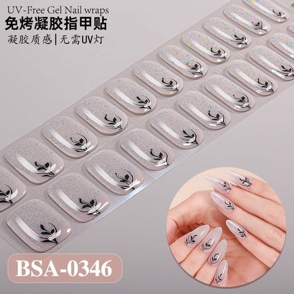 No-bake gel nail stickers, gradient French glitter, UV-free, no-curing required
