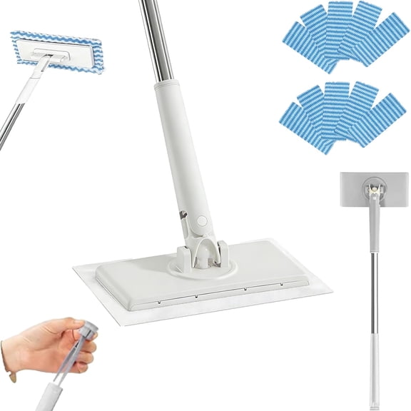 No-contact zero contact disposable mop for floor and wall cleaning, lightweight and easy to use stainless steel handle, with 10 magic cleaning cloths in white small tool